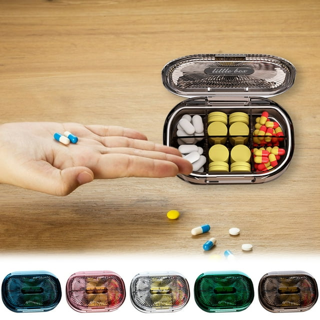 Boîte de Rangement Portable pour Pilules / 6 Compartiments Hermétiques avec Couvercle Transparent / Mini Boîte à Vitamines de Voyage 1 Pce 3.94x2.76x0.94 Po Disponible en Bleu Blanc Vert Rose