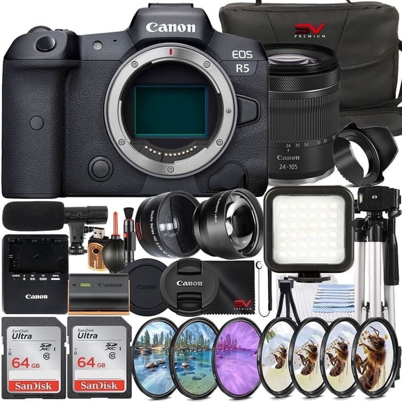 Canon EOS R5 Mirrorless Camera with RF 24-105mm Lens   2 Pack 64GB Memory Card   Case   LED Flash   SV Premium Accessory Bundle (International Version)