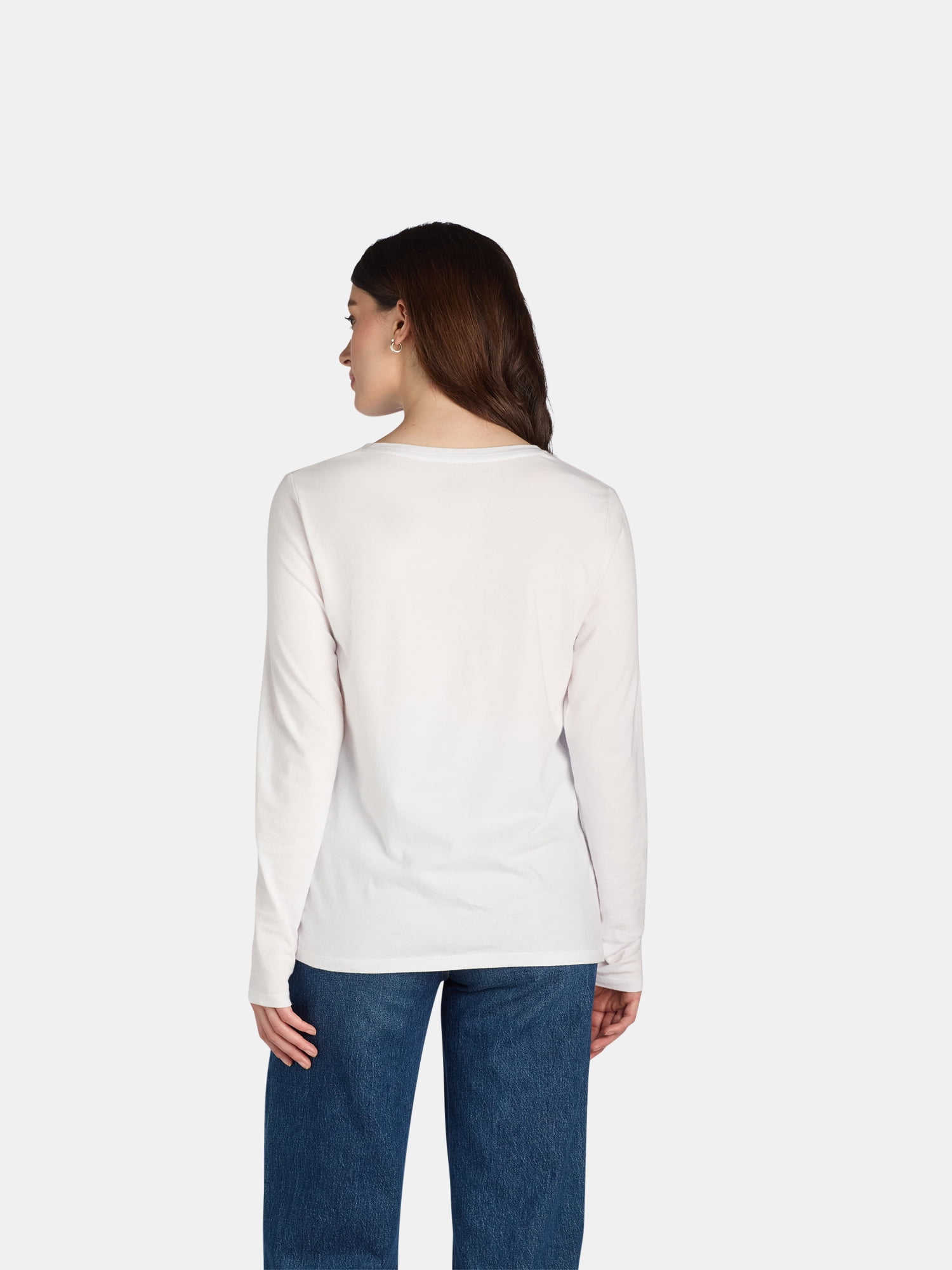 Time and Tru Women's Cotton Crewneck Tee with Long Sleeves, Single and 3 Pack, Sizes XS-XXXL