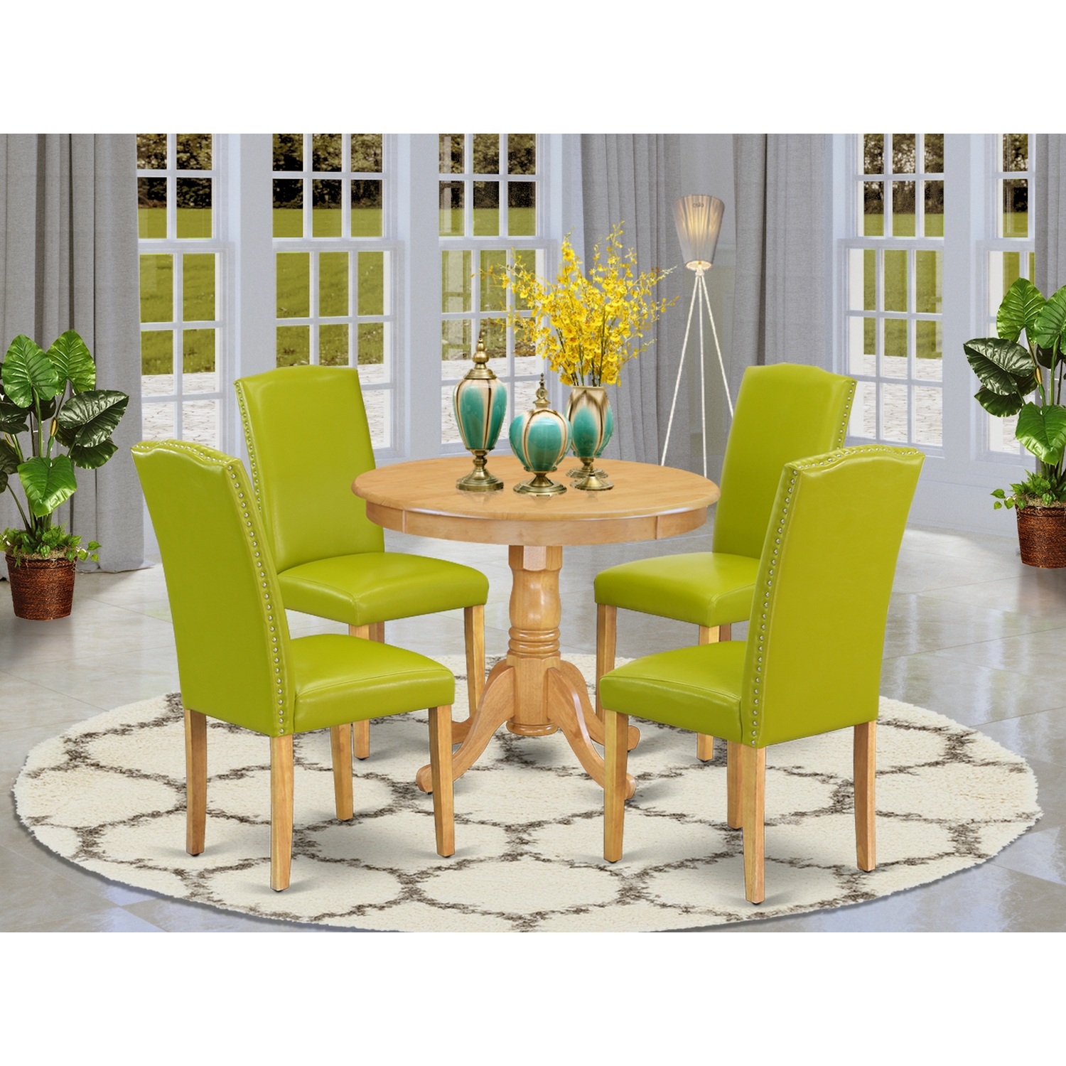 East West Furniture ANEN5OAK51 36 in. Antique Round Table & 4 Parson Chair with Oak Leg & Pu