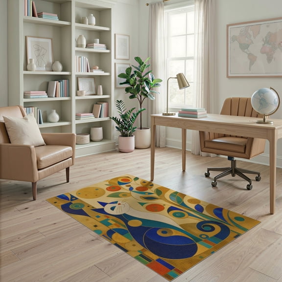 ODIKA 4'x6' Blue Gold Abstract Cat with Florals Washable Area Rug Art Deco Inspired Geometric Design for Home Office, Under Desk, Non-Slip Chair-Friendly, Flatwoven