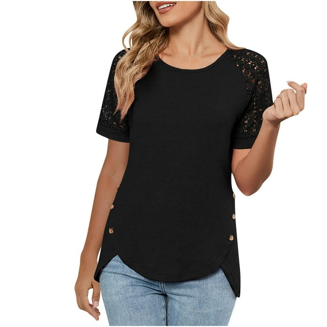 Womens Summer Tops Mesh Short Sleeve Crew Neck T-Shirts Trendy Blouses Side Button Top
