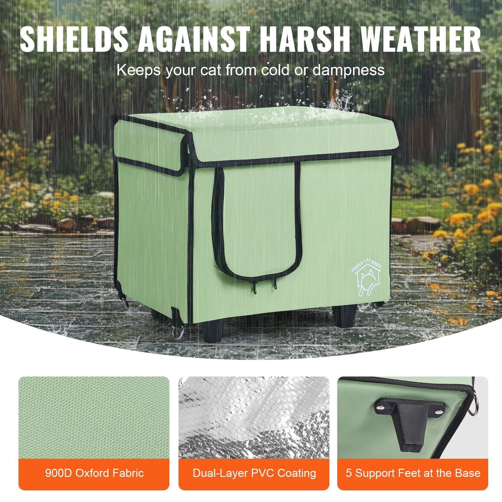 Outdoor Heated Cat House with Weatherproof Cover & Detachable Heated Pad – Insulated Winter Shelter for Pets (Green, Small)