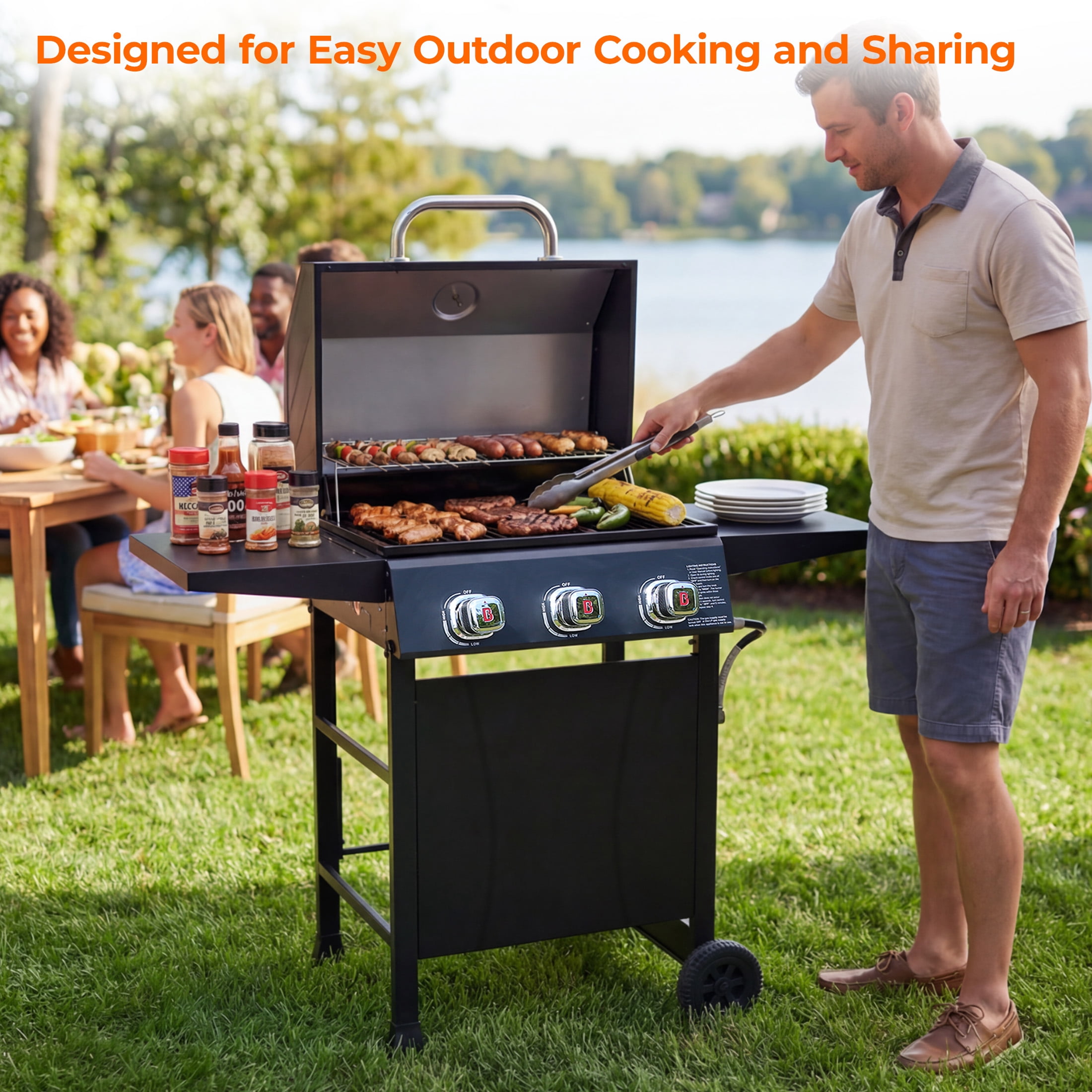 Flintex 3 Burner Propane Gas Grill, 27,000 BTU Outdoor BBQ Grill with Porcelain Coated Grates, Built-in Thermometer, Side Shelves& Wheels