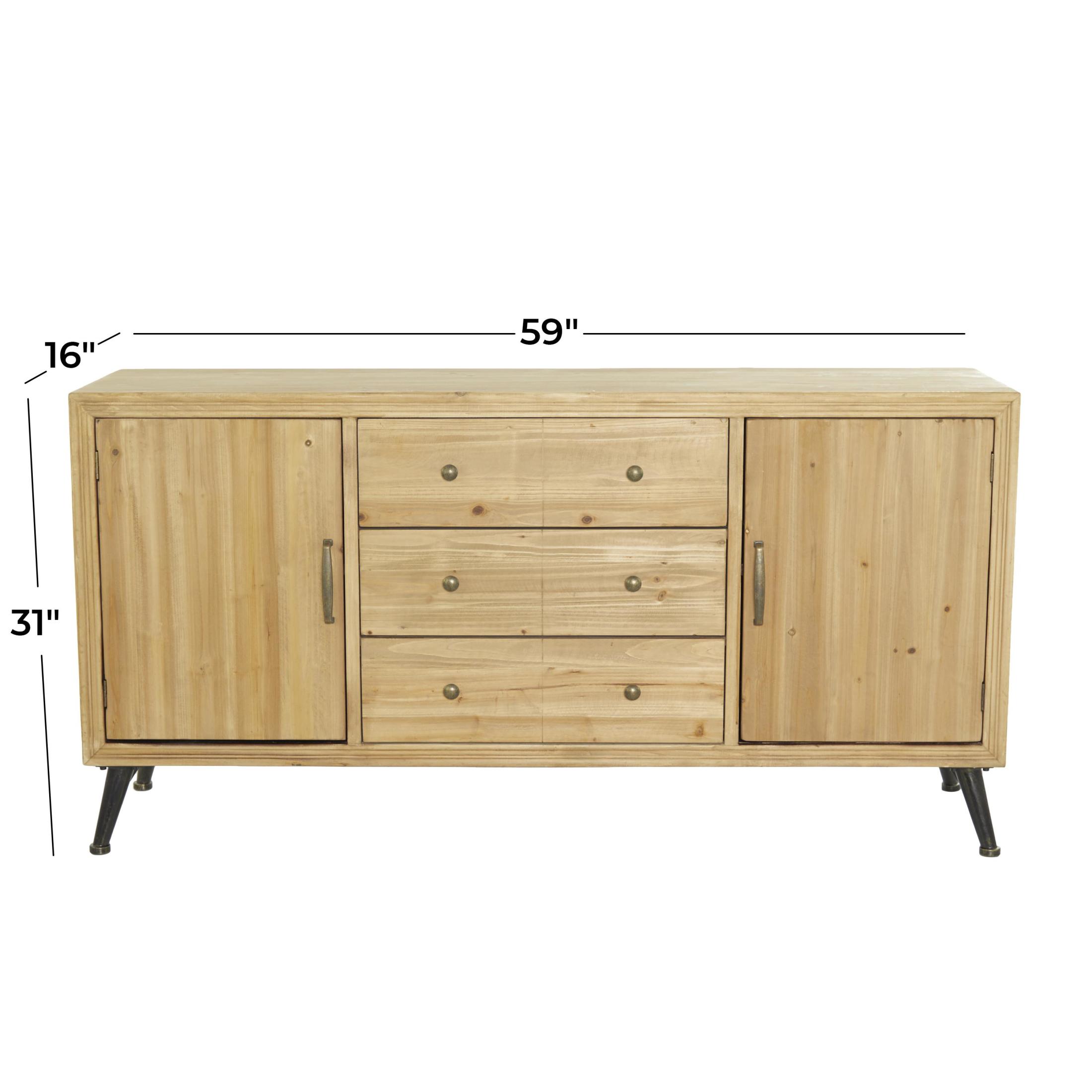 DecMode 59" x 31" Light Brown Wooden 2 Door and 3 Drawer Sideboard with Black Tapered Legs, 1-Piece