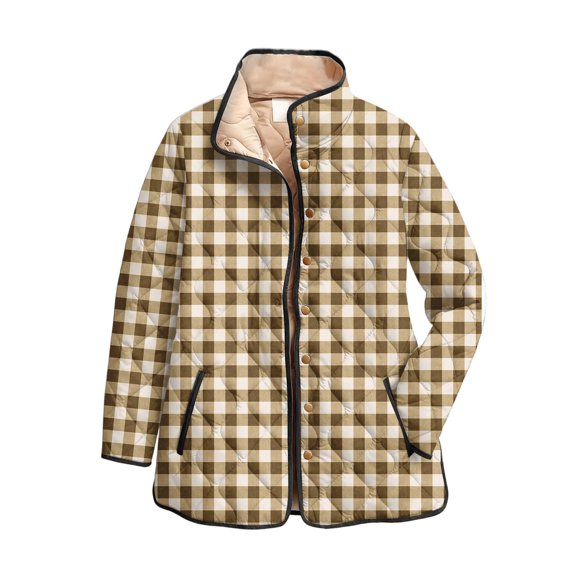 Wutalume Women's Floral Print Stand Up Collar Pleated Cotton Long Sleeved Button Cotton Jacket, Retro Check Pattern, Vintage Style, Perfect for Seasonal Fashion,Beige L
