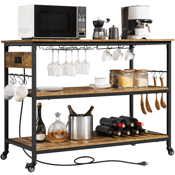 Yaheetech Rolling Kitchen Island with 3 Shelves, Glass Holder and Power