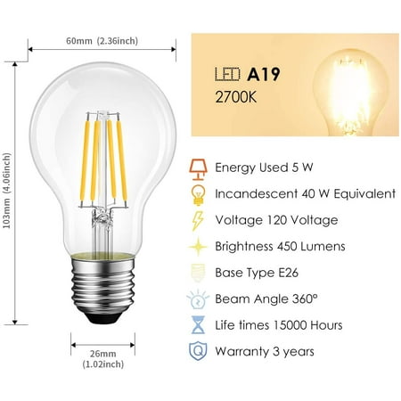 

A19 Vintage Edison LED Filament Bulb E26 Base 5W (40W Equivalent) Warm White 2700K 450 Lumens Non-Dimmable 3 Year Warranty UL-Listed Pack of 6