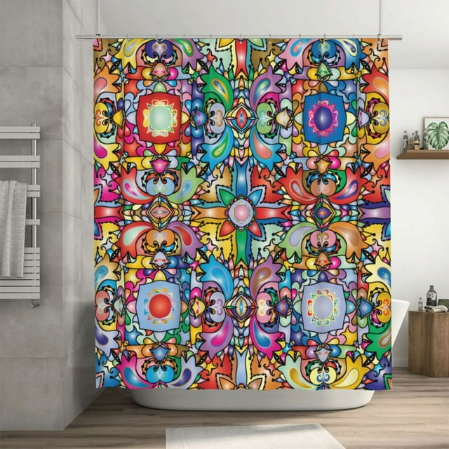 Rideau de Douche Motif Mandala Coloré avec 12 Crochets, Rideaux de Bain Imperméables pour Décorations de Salle de Bain, 72 x 72 Pouces