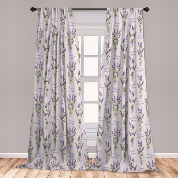Lavender Curtains 2 Panels Set, Stripes and Flowers with Ribbons