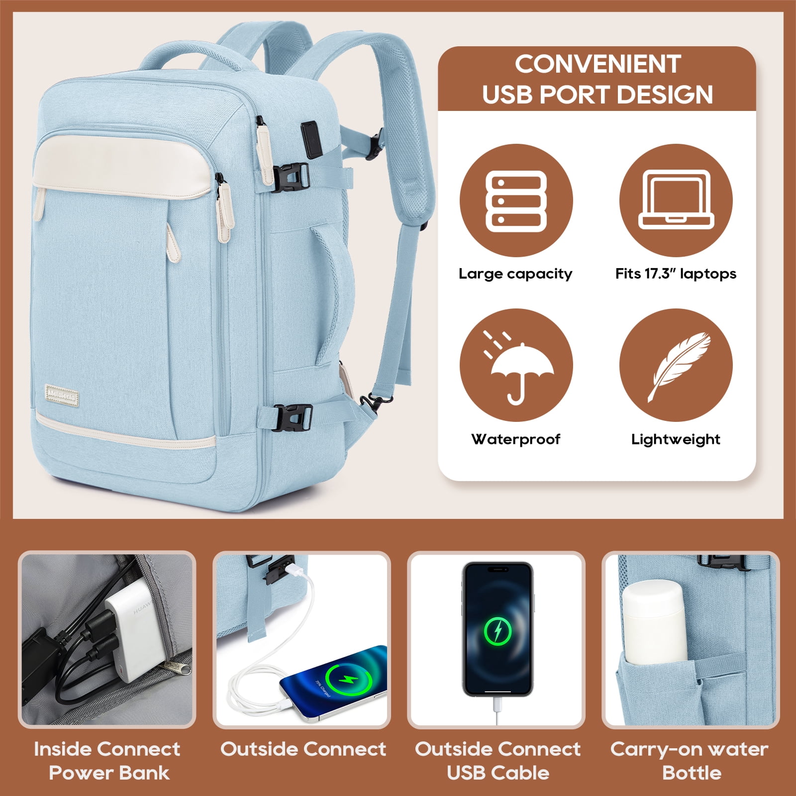 Joyway 2-Piece Travel Backpack Set Airline-Approved Waterproof Carry-On Luggage with USB Charging Port Comfortable Straps & Matching Toiletry Bag
