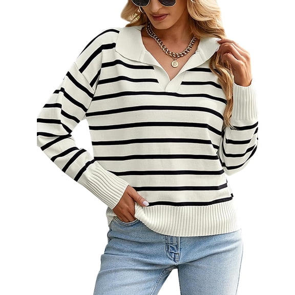 jinghuiyue Womens V Neck Sweater Long Sleeve Polo Striped Pullover Sweater Casual Knitted Loose Fall Tops M