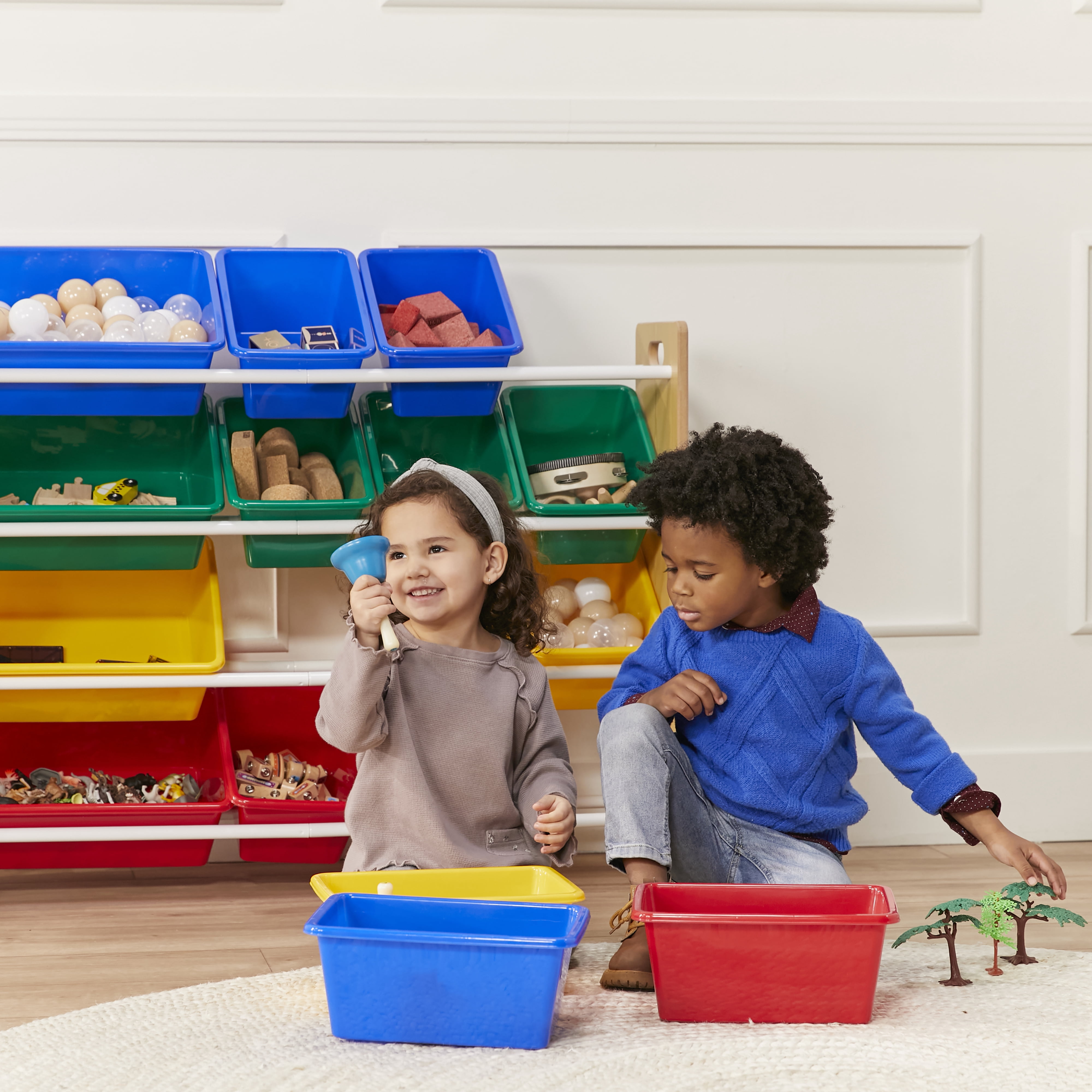 ECR4Kids 4-Tier Organizer with 16 Removable Plastic Bins, 4x4, Toy Storage, Natural/Primary