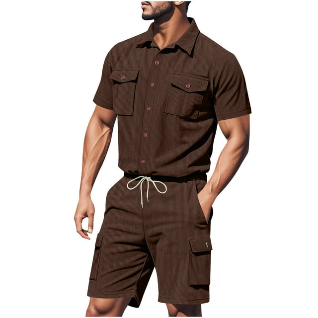 NTACZA Short Sleeve Men's Shorts Set Button Down Tracksuits Mens Cargo Shirt Sweatsuits XL