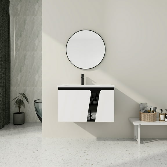 32" Floating Wall-Mounted Bathroom Vanity with Single Sink & Soft-Close Cabinet Door, White  Black