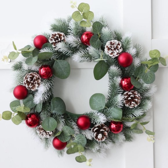 1PC Merry Christmas Wreath for Front Door, 2025 New Red Ball Pine Cone, Christmas Wreath Door Hanging Hotel Window Decoration, Holiday Atmosphere Props for Holiday Xmas Ornaments Party Decorations