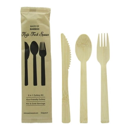 PacknWood 210CVBJNK3K 6.7 in. 3 Knife Anji Bamboo Cutlery Kit Fork Tablespoon, Kraftwrap