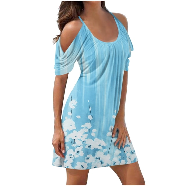 Robes à Épaules Dénudées pour Femmes Robes d'Été pour Femmes Imprimé Manches Courtes Épaules Dénudées Col Rond Robes Manches Courtes pour Femmes Robes d'Été Courtes pour Femmes