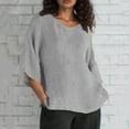 thumbnail image 2 of MIXUE Boho Tops For Women Summer Linen Solid Color V Neck Short Sleeve Fashion Loose Casual T-shirts Outwear,Gray,M, 2 of 5