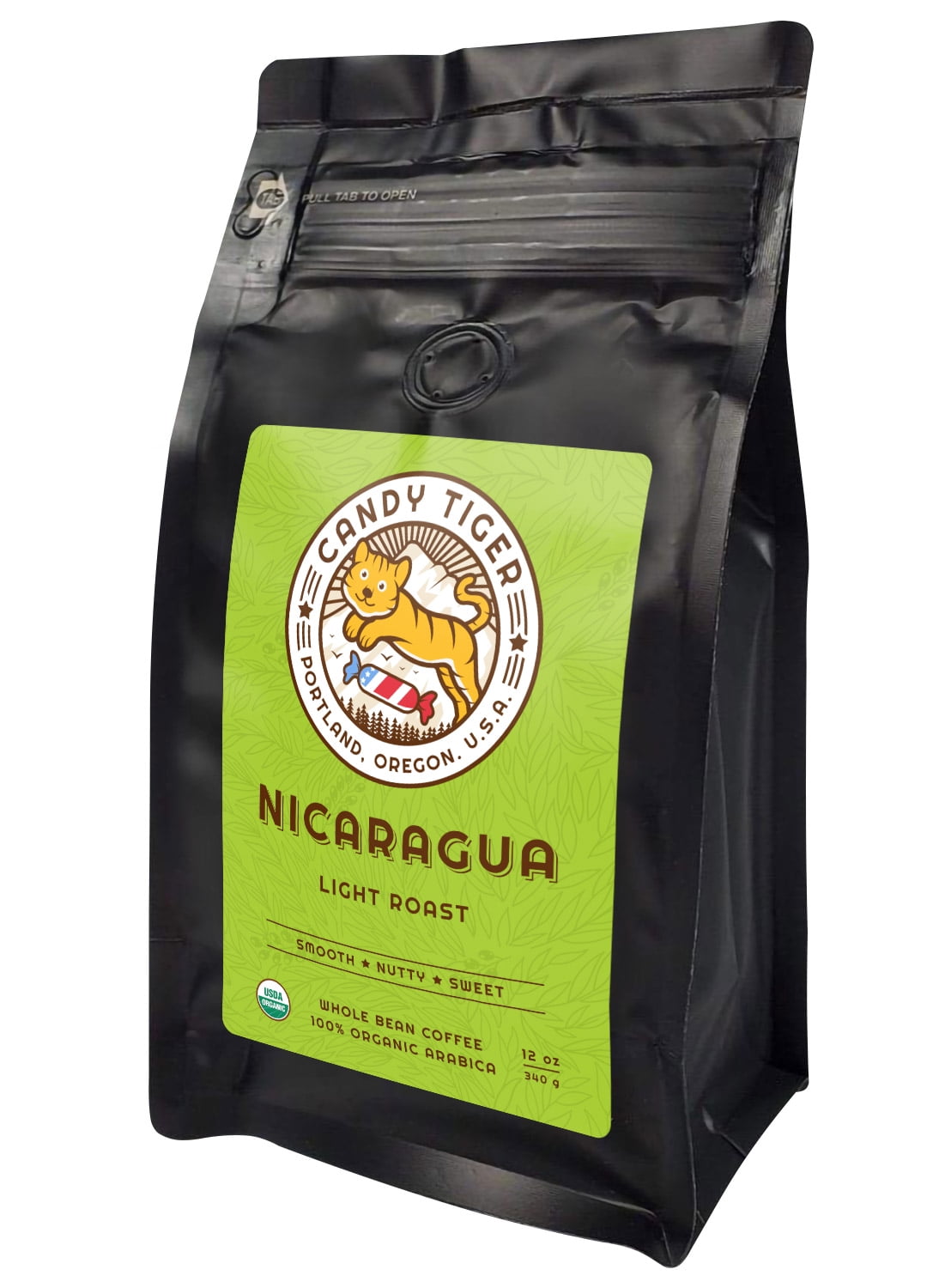 Candy Tiger USDA Organic Light Roast Whole Bean Nicaragua Coffee. Naturally Caffeinated, 12 oz