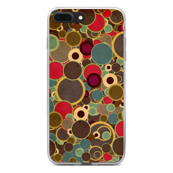 DistinctInk Clear Shockproof Hybrid Case for iPhone 7 PLUS / 8 PLUS (5.5" Screen) - TPU Bumper, Acrylic Back, Tempered Glass Screen Protector - Brown Red Yellow Circles - Relive the 80's