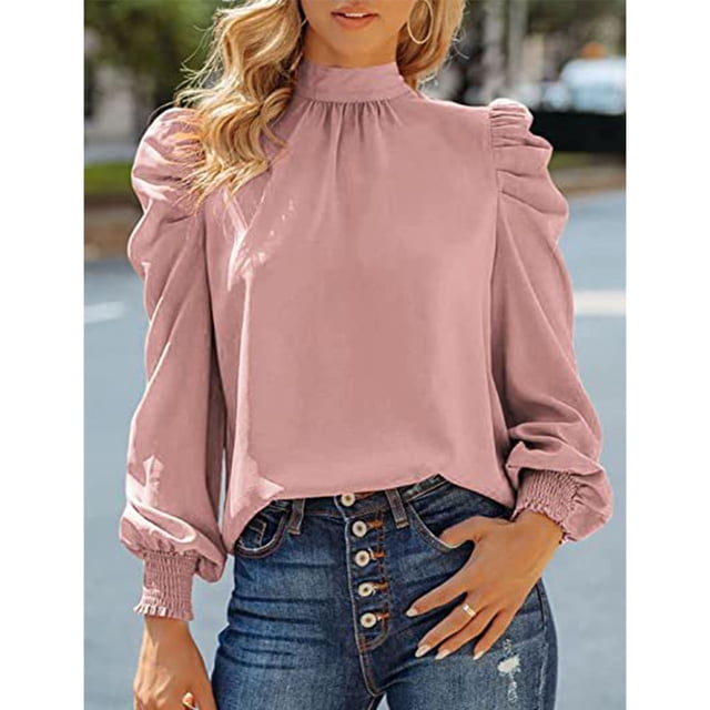 Long Sleeve Blouse,Women Long Puff Sleeve Pure Color Blouse High Neck Blouse Custom Engineered