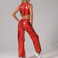 thumbnail image 4 of Karymi Women's Clothing 2 Piece Shiny Stage Set, Mock Neck Sleeveless Crop Tank Top & Elastic Waist Cargo Pocket Wide Leg Long Pants Cute Tops for Women, 4 of 6