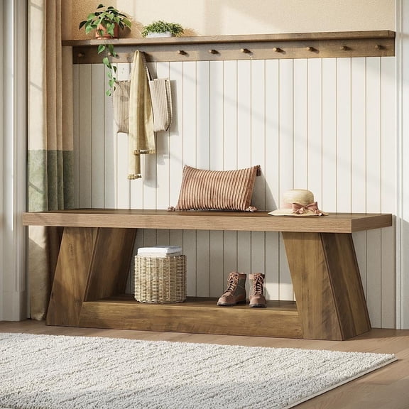 Tribesigns 63 inch Wooden Entryway Bench with Storage Shelf, 2-Tier Narrow Hallway Seating Bench for Living Room (Brown)