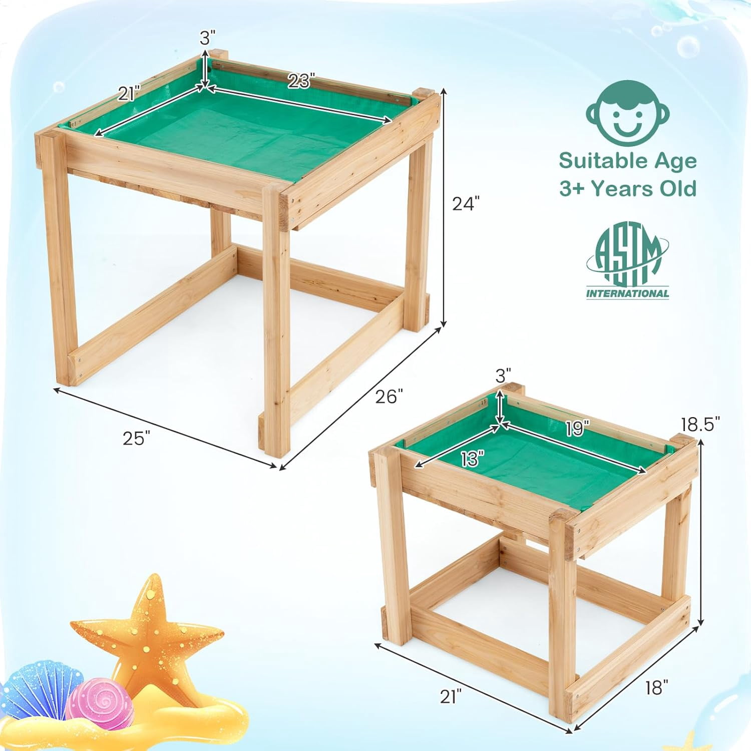 GLACER Sand Table, Space-Saving Toddler Activity Table with Built-in Liner, Protective Cover, Water and Sandbox Table for 3+ Years Old Boys and Girls, 2 Pcs Sensory Table for Garden, , Backyard