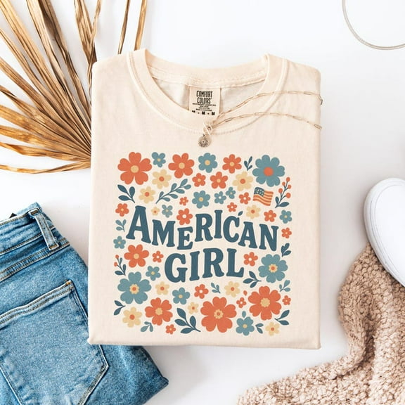 American Girl Floral 4th of July Shirt for Women, Red White Blue Shirt, Independence Day Gift, Gift for Bestie, Summer Tee