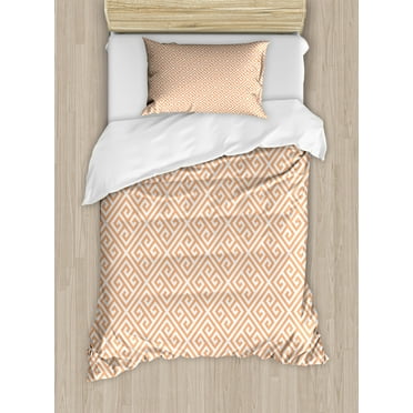 Greek Key Twin Size Duvet Cover Set, Frieze Pattern in Pastel Orange Historical Motif in Diagonal Squares Mosaic, Decorative 2 Piece Bedding Set with 1 Pillow Sham, Orange White, by Ambesonne