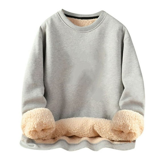 Ediodpoh Fashion Solid Color Lined Thickened Hoodies for Women Warm Round Neck Pullover Sweatshirt Top Autumn Winter Light Gray XXXXXL