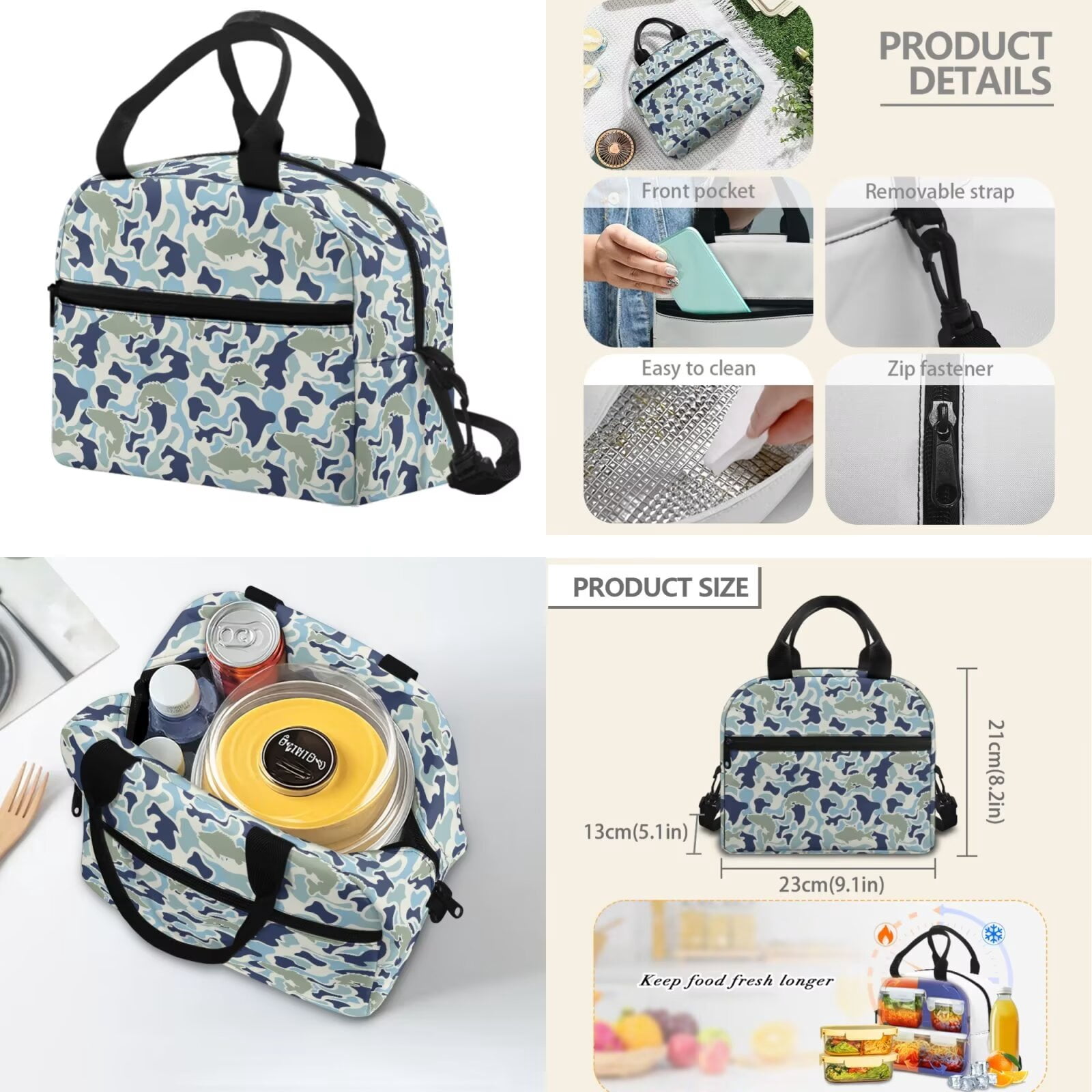 Pzuqiu Fish Camo Kids Backpack for School Girls 4 pcs Backpacks for Teens Backpack with Lunch Bag Pencil Case Water Bottle Holder Bookbags with Adjustable Shoulder Strap Daypack