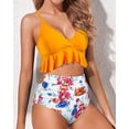thumbnail image 3 of Women Two Piece Swimsuits High Waisted Ruffle Flounce Bikini V Neck Tummy Control Bathing Suit Yellow Floral (2XL, 3 of 5