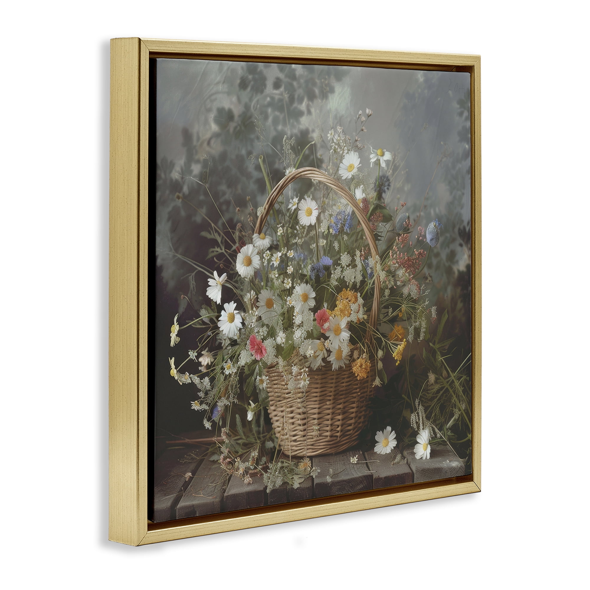Stupell Industries Florals In A Basket Arrangement Gold Framed Floater Canvas Wall Art, design by Lazar Studio
