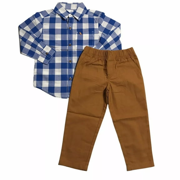 Carters Toddler Boys Casual Fat Front Pants & Plaided Shirt Set Sz 4T Blue-Brown
