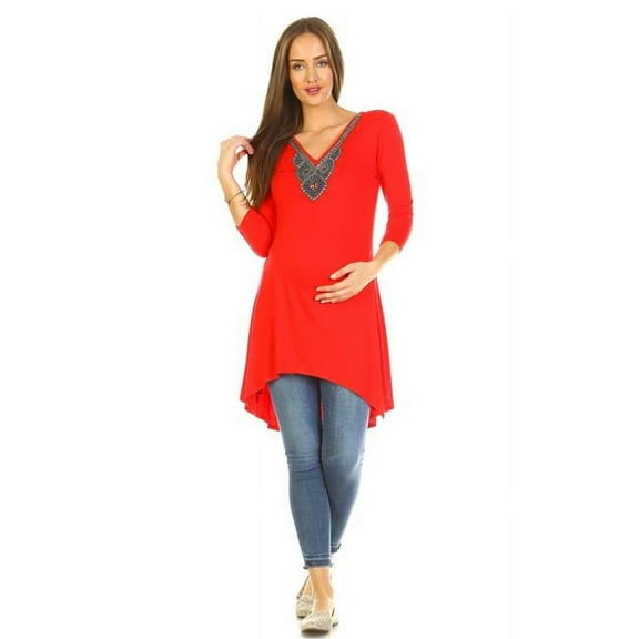 MTR1291-07-S Maternity Calla Embellished Tunic Top, Red - Small