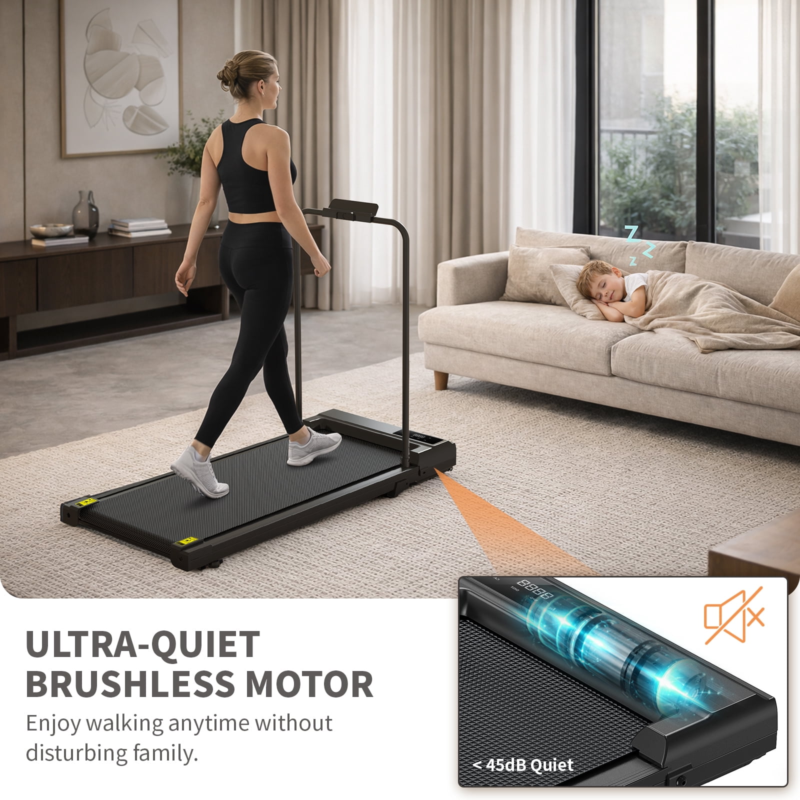 Alvantor 2.5HP Walking Pad Treadmill, Manual Incline Under Desk Treadmill with Shock Absorption for Small Apartments, Black