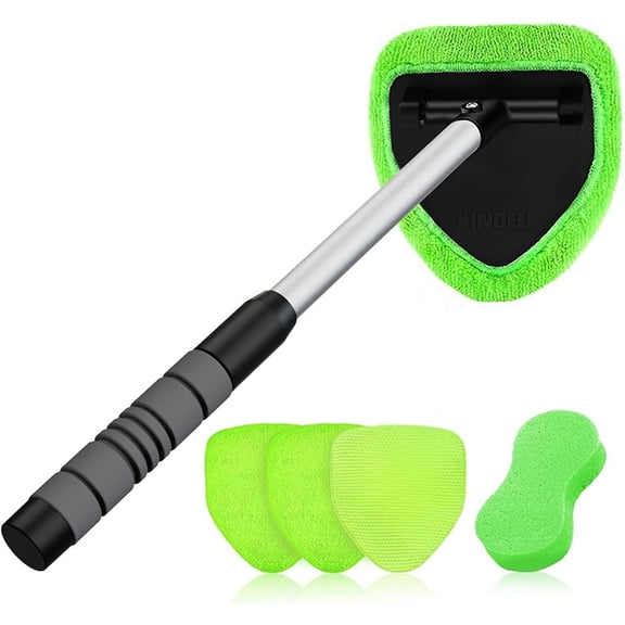 6 Pcs Car Windshield Cleaner Tool Kit with Pentagonal Telescopic Pole Green Cloth Sleeves Sponge Block for Auto Glass Wiper Suvs Rvs & Home Windows
