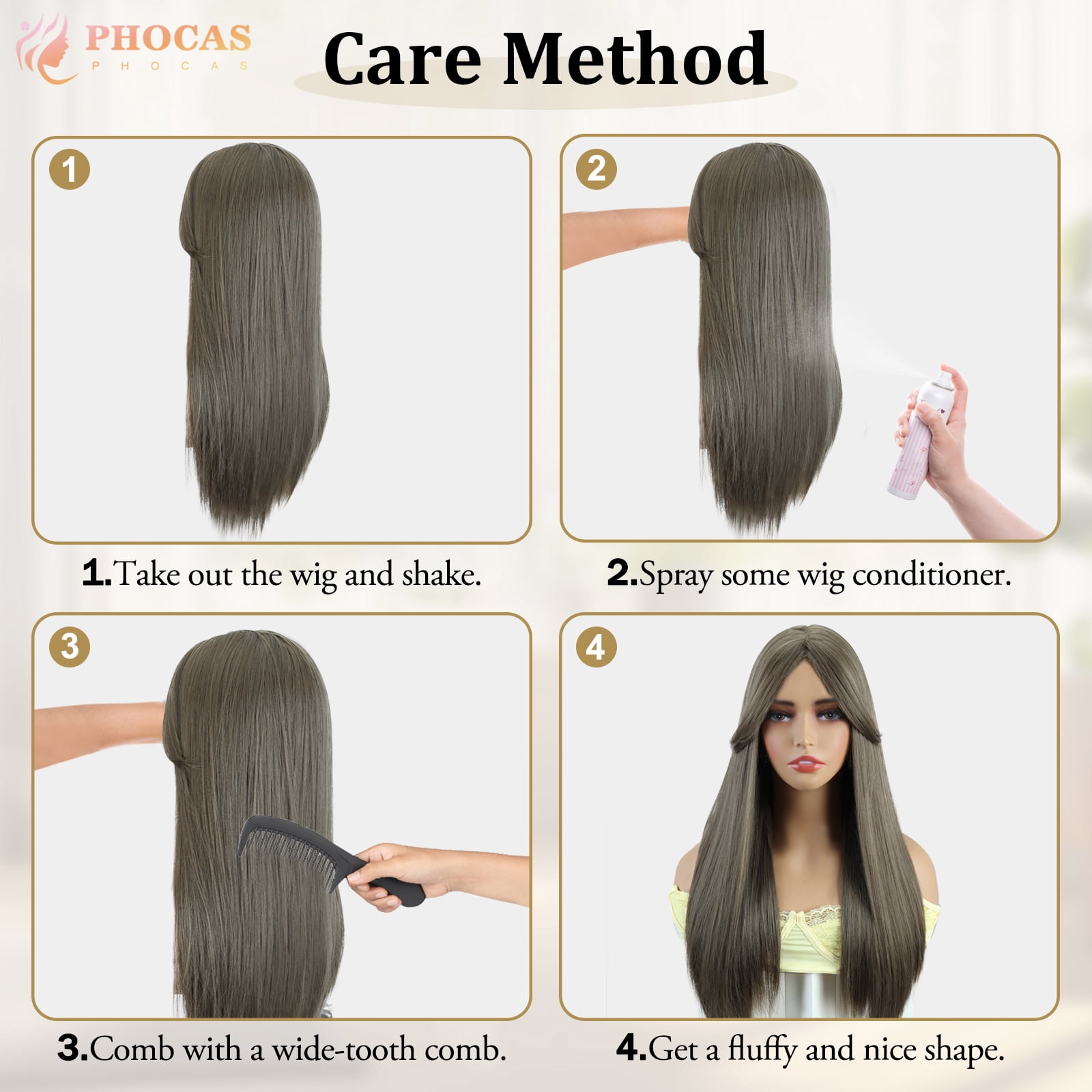 Phocas 23" Long Straight Brown Wig with Bangs Middle Part Layered Cool Light Brown Wig Wear and Go Heat-Resistant Natural Synthetic Wigs for Women Daily Party Use