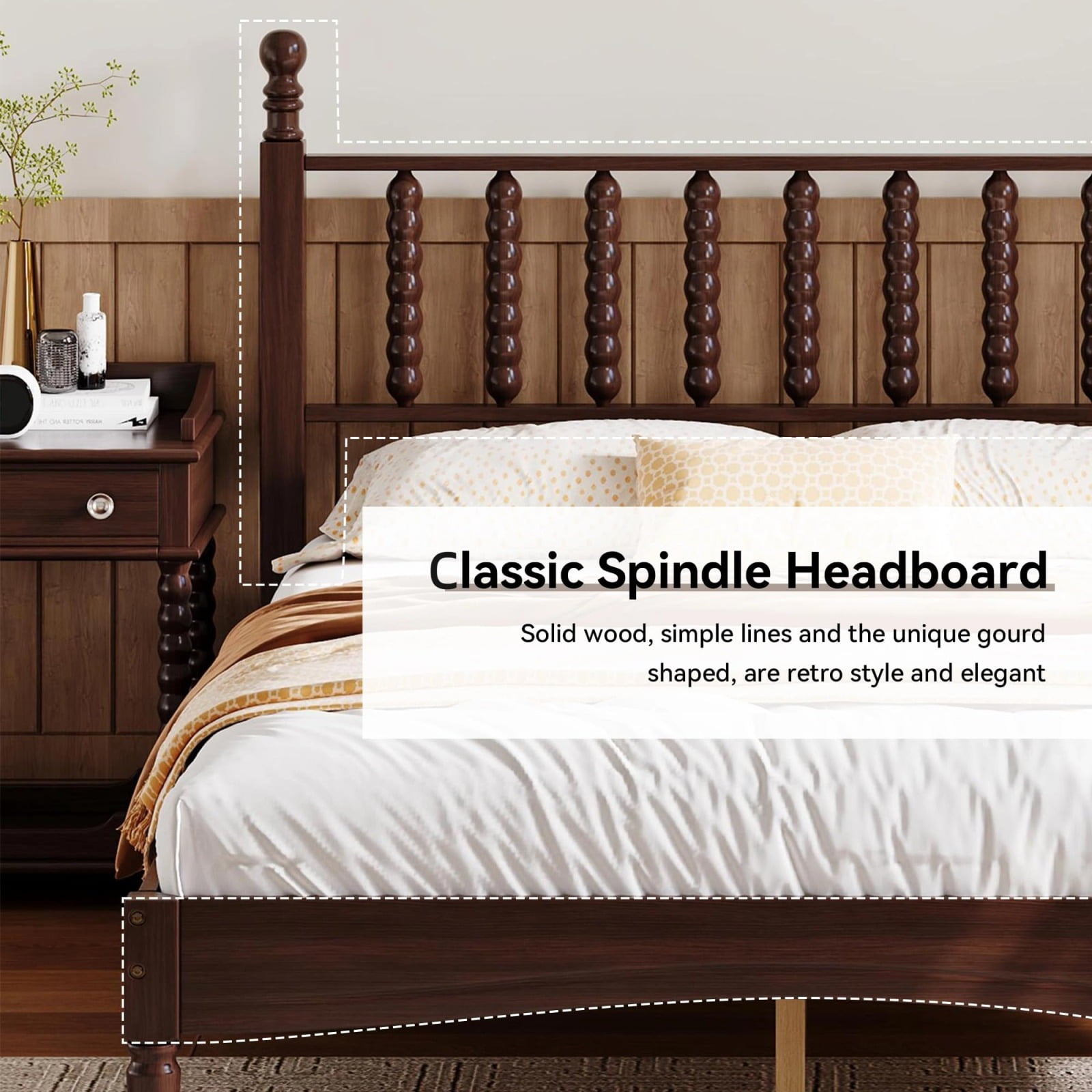 Full Size Bed Frames with Gourd Shaped Headboard, Vintage Natural Wood Platform Bed, Western Spindle Beds, Noise Free, Easy Assembly, Walnut