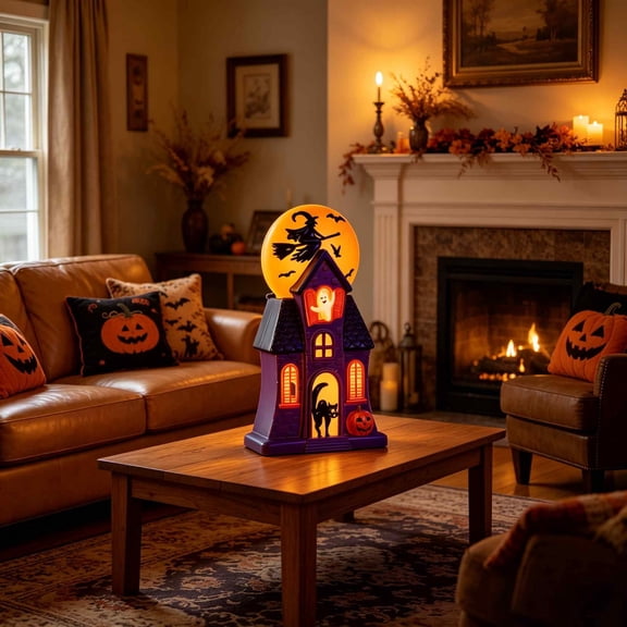 Summerween Haunted House Blow Mold Light, Light Up Purple Halloween Decor, Resin Pre-Lit Spooky Mansion with Glowing Witch Moon For Indoor Outdoor Display Anywhere