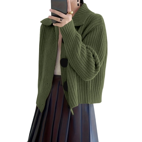 Women Open Front Knit Sweater Long Sleeve Cardigan Sweater Casual Loose Button Lapel Cardigan Coat Green XL