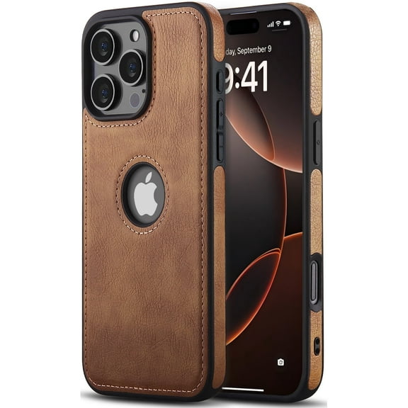 AIOVETEAB Compatible with iPhone 16 Pro Max Case Premium Leather TPU Hybrid Case Cover,Brown