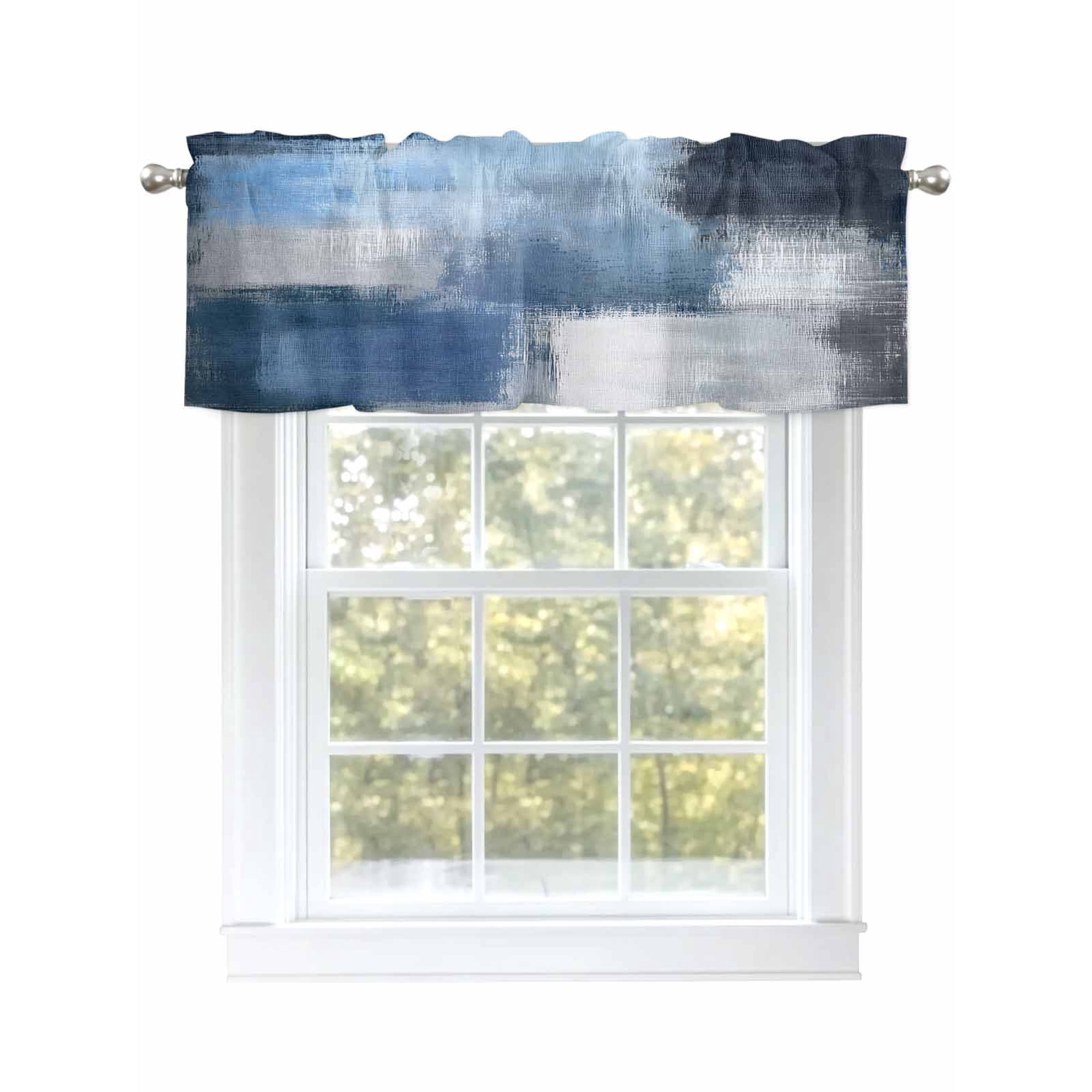 Abstract Blue Curtain Valances for Windows, Gradient Neutral Brush Strokes Artwork Kitchen Valance Window Treatment, Light Filtering Block Curtains for Bathroom/Bedroom/Living Room 60'' x 18''