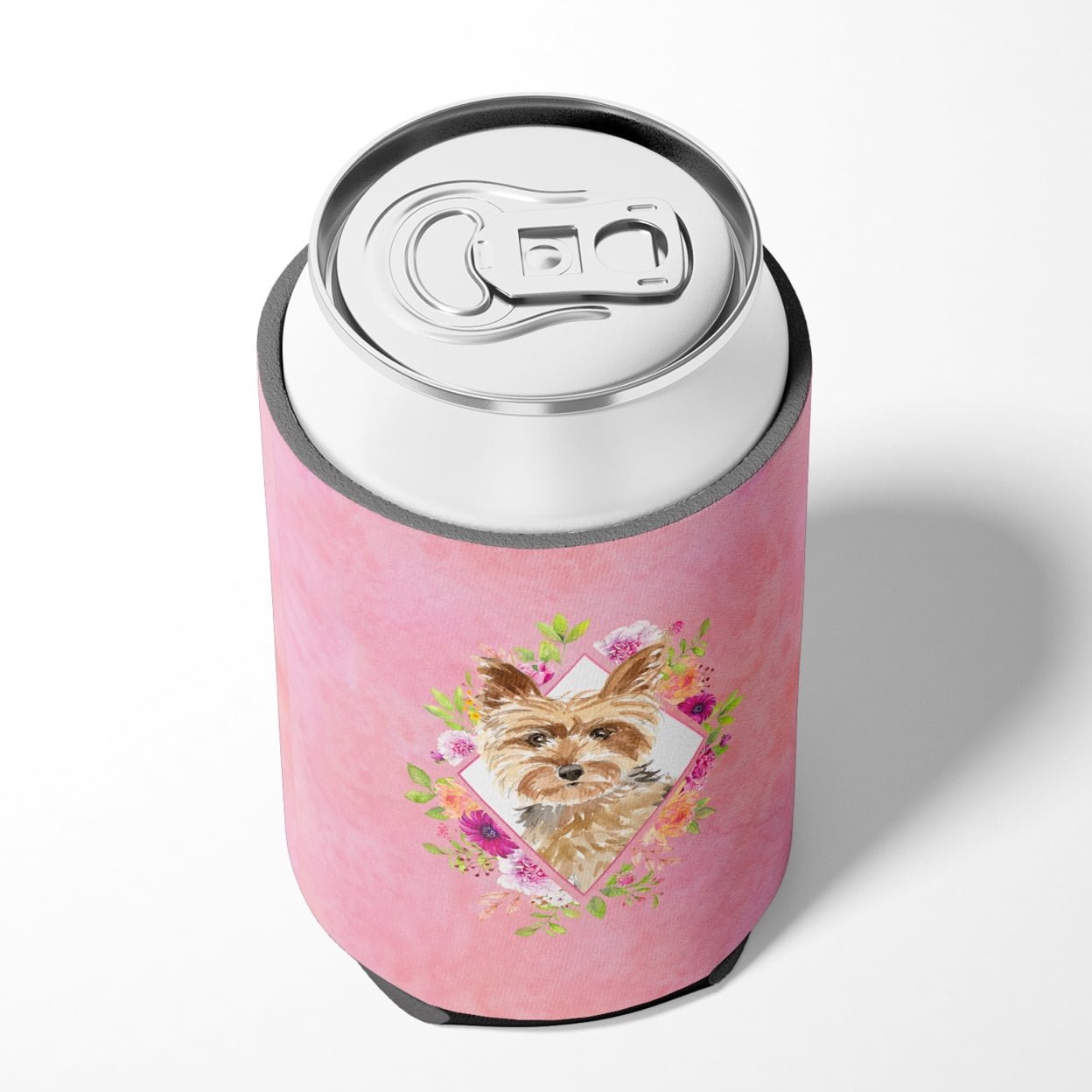 Yorkie Pink Flowers Can or Bottle Hugger