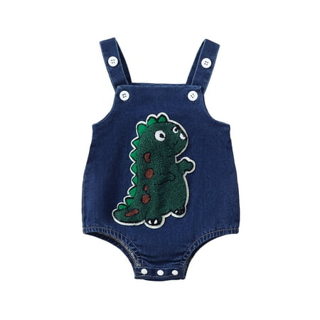 

Xingqing Baby Jean Overalls Sleeveless Square Neck Dinosaur Embroidery Rompers