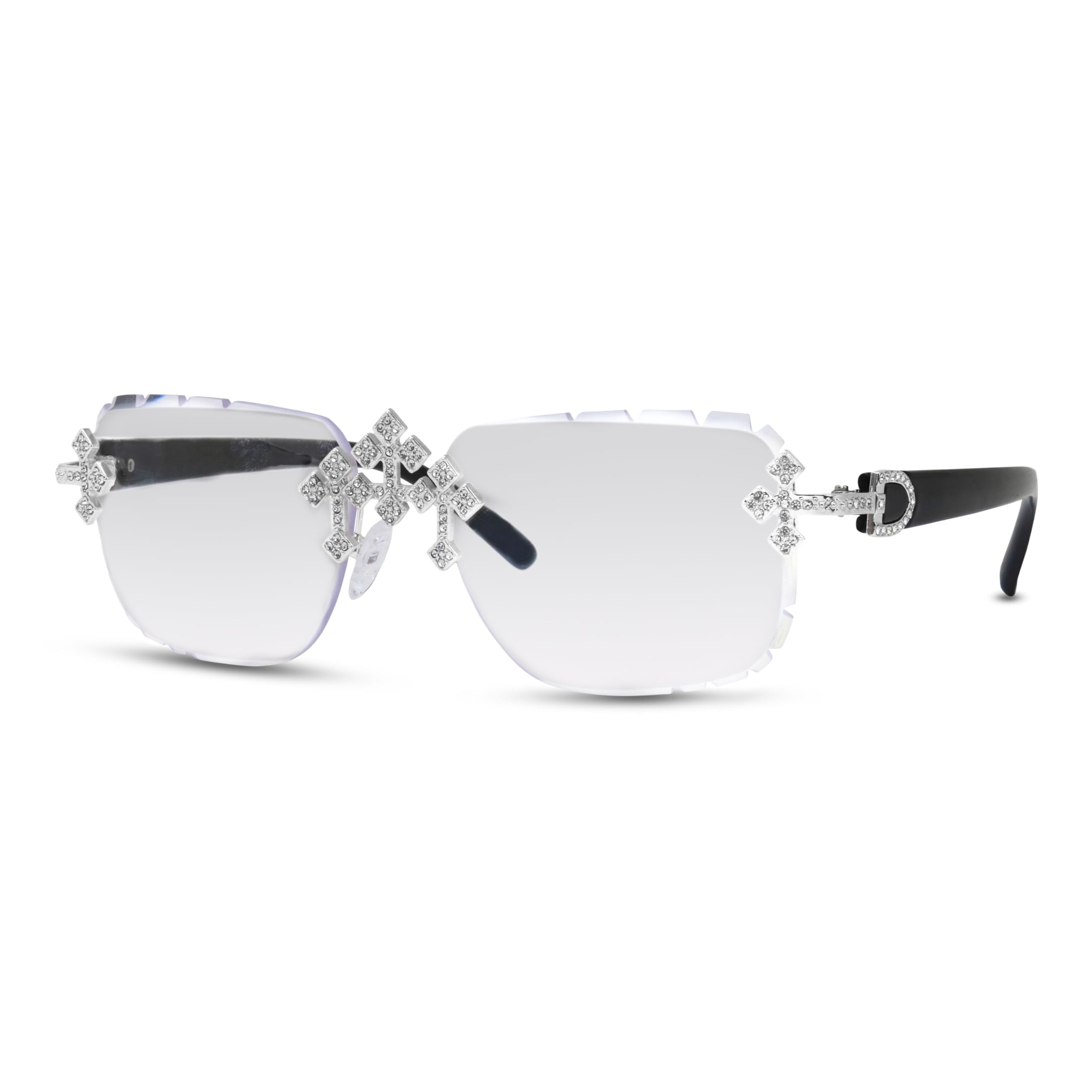 Iced-Out Triple Cross Sunglasses – Diamond-Cut Frameless Shades for Men & Women, Hip-Hop Luxury Eyewear for Various Occasions - Black Silver Finish