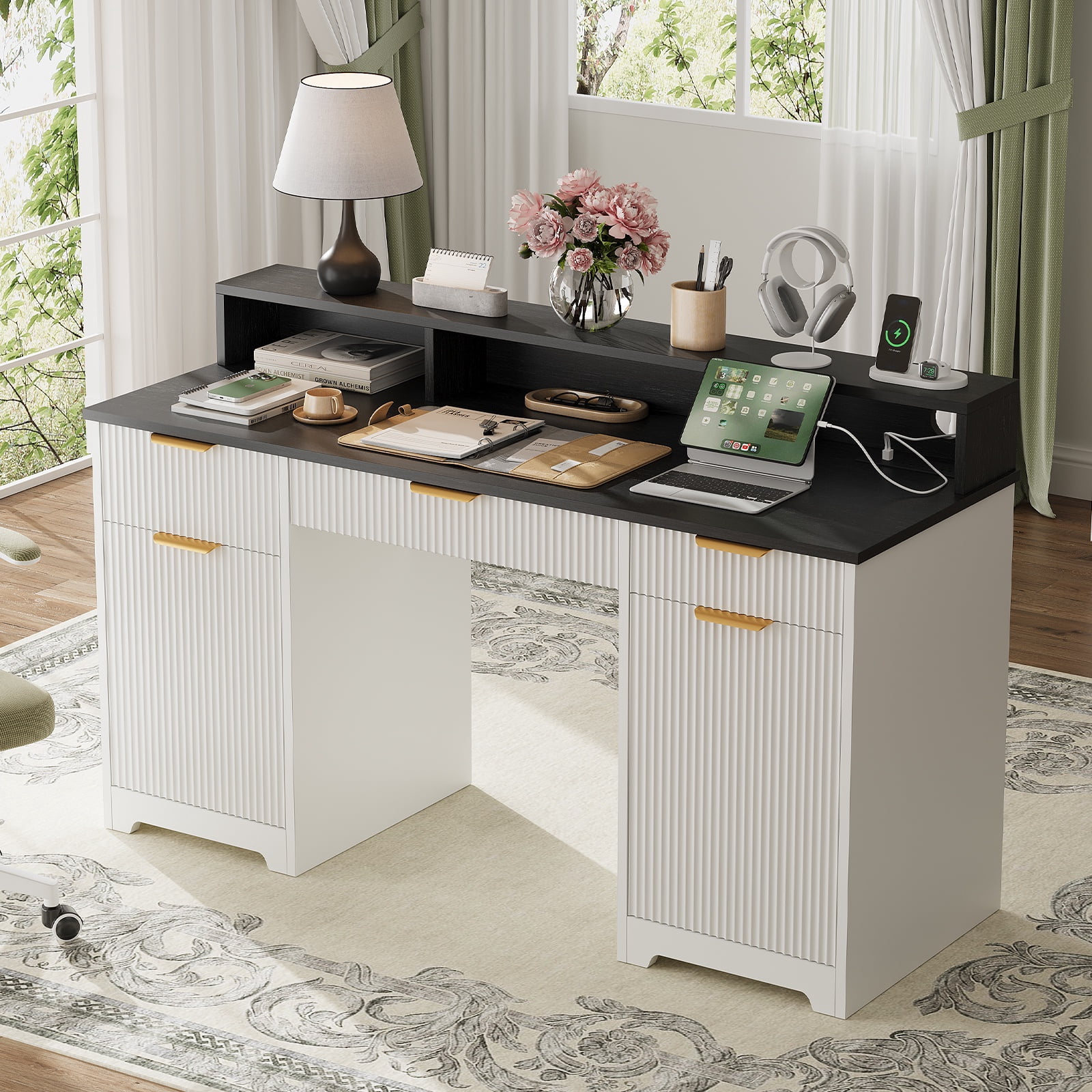 Lumiinofami 59" Executive Office Desk Computer Writing Desk Laptop PC Workstation with Power Outlets, Heightened Stand, Storage Cabinets and 3 Drawers,White & Black