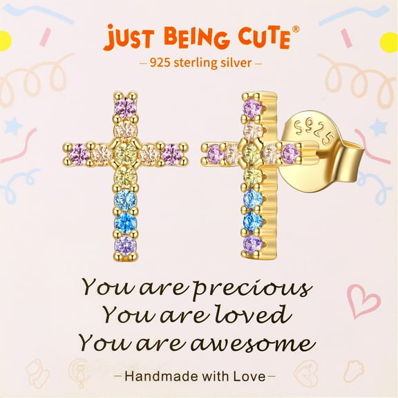 Just Being Cute Gold Plated Cross Earrings for Women, 925 Real Sterling Silver Stud Earring with Cubic Zirconia God Bless You Baptism Easter Basket Stuffers Jewelry Gifts Her Mom Adults Age Ideas